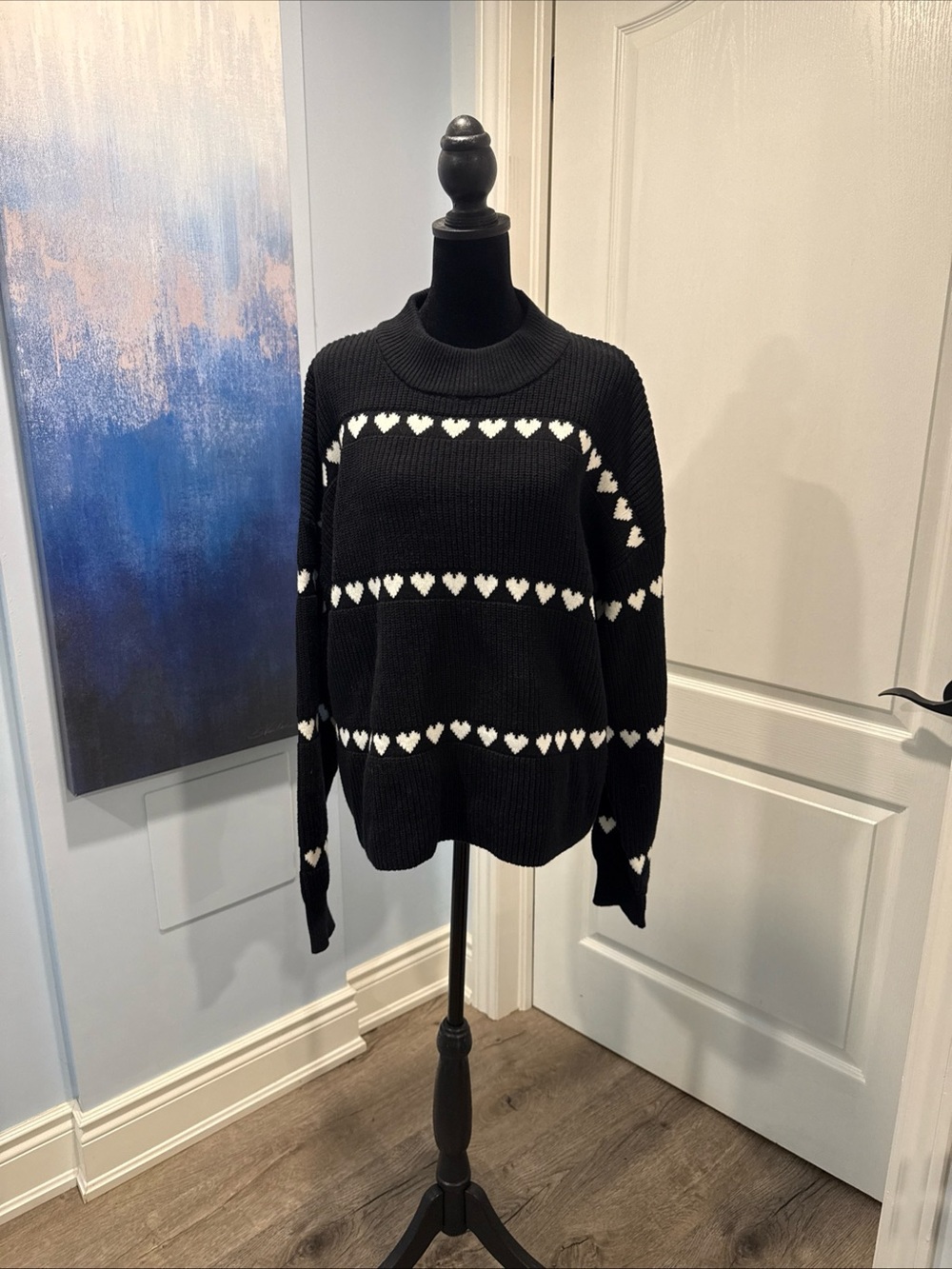 Smash + Tess Black Crewneck Sweater with White Heart Stripes